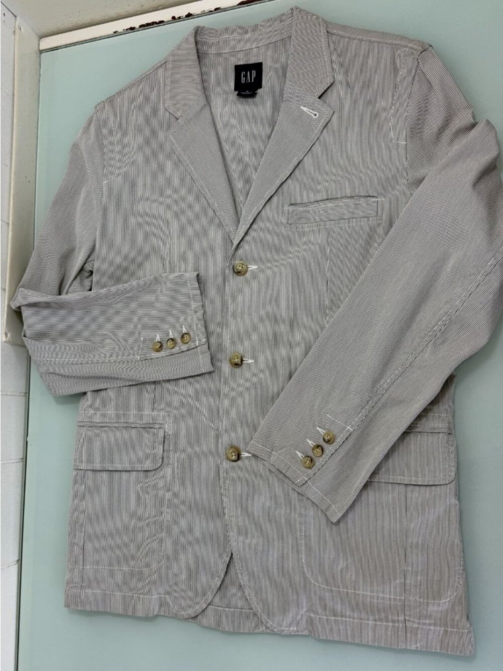 Gap Blazer Chore jacket Men M Medium Unstructured Blue Railroad striped 3 Button